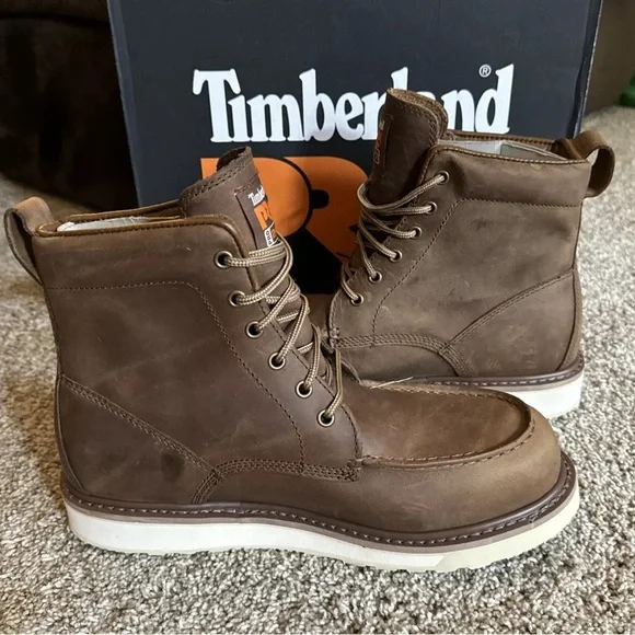 Men's Timberland PRO Wedge 6" Soft Toe Moc-Toe Work Boots Coconut Brown - Picture 5 of 7
